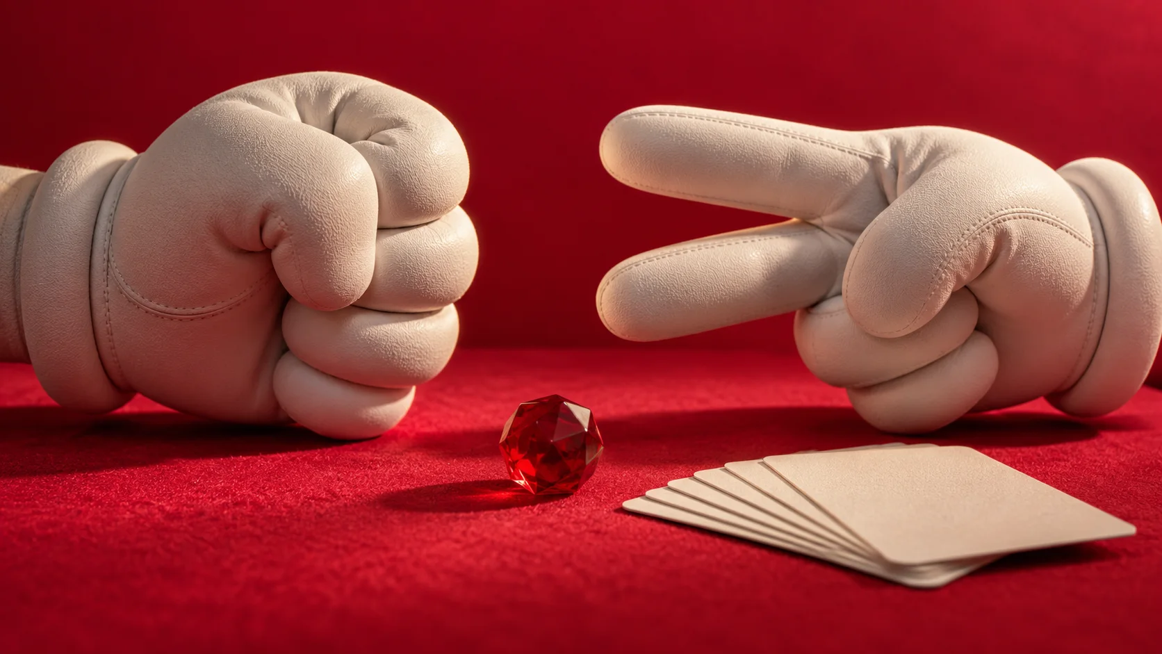 Two sculptural white glove hands facing off over a red table with cards and a translucent die